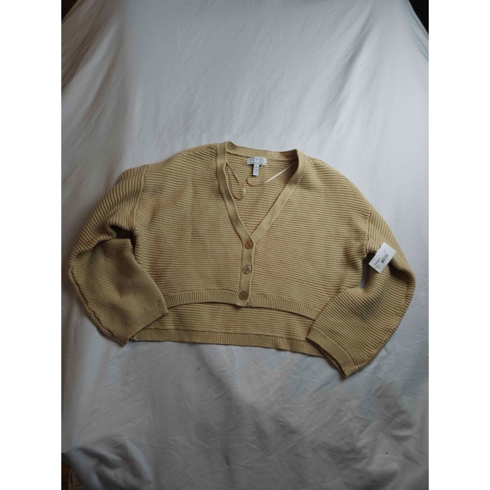Sofia Jeans Cardigan Womens XXL Beige Crop Curved Hem Ribbed Knit Sweater Boxy